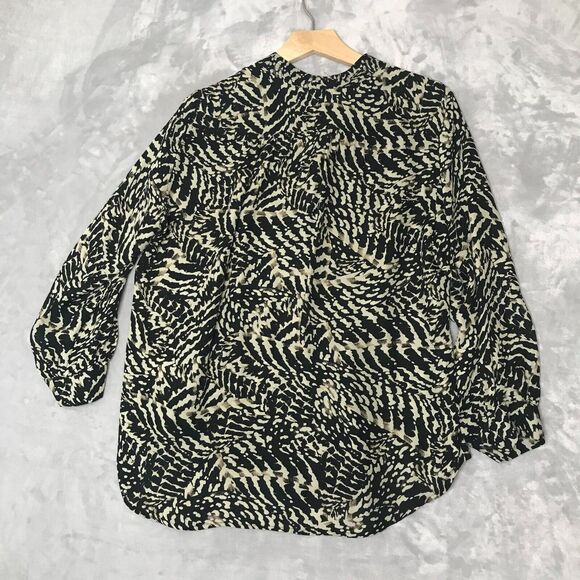 L'Agence Top Womens Large Black Tan Silk Button Front 3/4 Sleeve V Neck Blouse - Picture 2 of 12